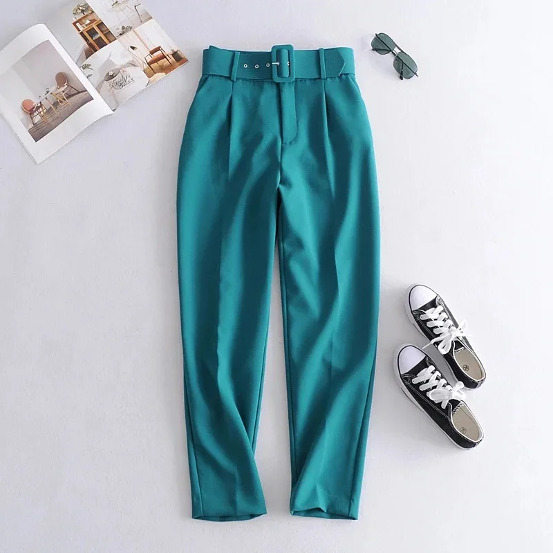 

Women elegant Purple pants sashes pockets zipper solid chic trousers ladies pantalones
