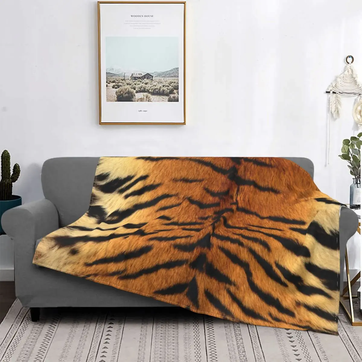 

Faux Siberian Tiger Print Knitted Blankets Fleece Animal Skin Texture Warm Throw Blanket for Bedroom Sofa Bed Rug