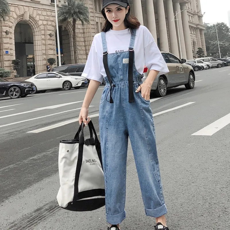 

High Street Women Loose Fit Jeans Overalls Suspender Denim Rompers Female Summer Boyfriend Style Casual Belted Jumpsuit Pants
