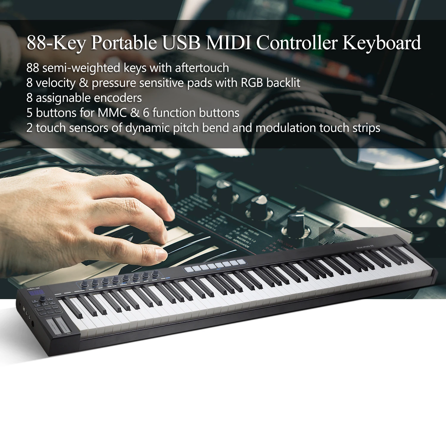 WORLDE Blue whale 88-Key MIDI Keyboard USB Controller 88 Semi-weighted Keys 8 RGB Backlit Trigger Pads LED Display | Спорт и