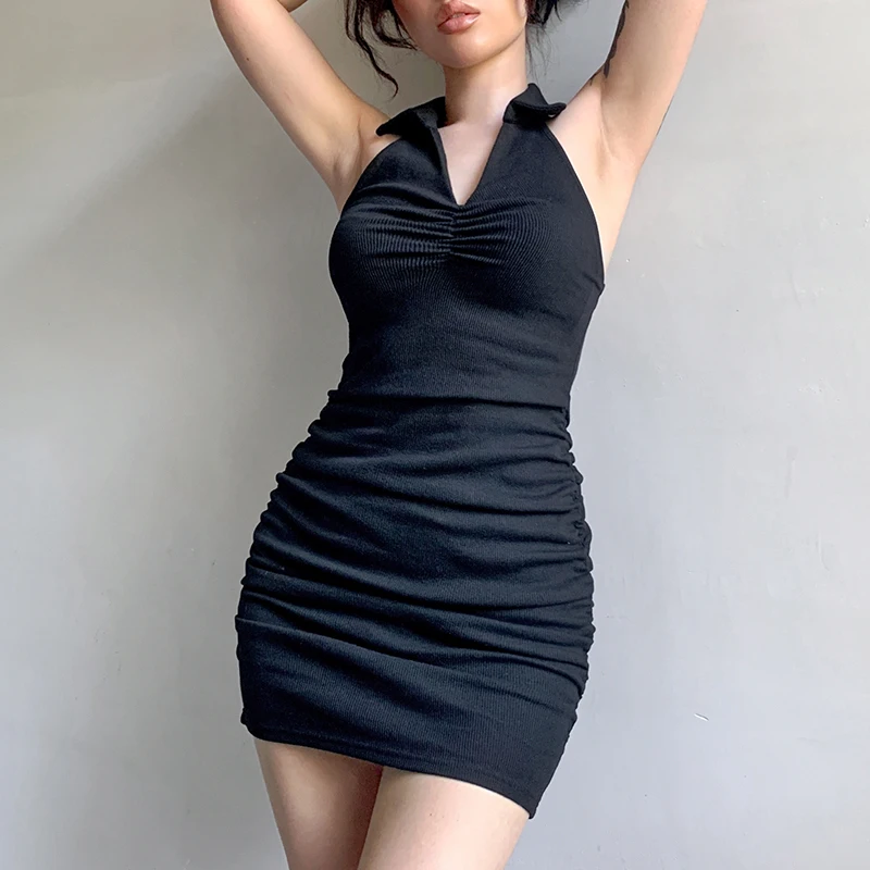 

Женское платье с рюшами и лямкой на шее, черное облегающее платье без рукавов с открытой спиной и V-образным вырезом, вечерние платья для жен...