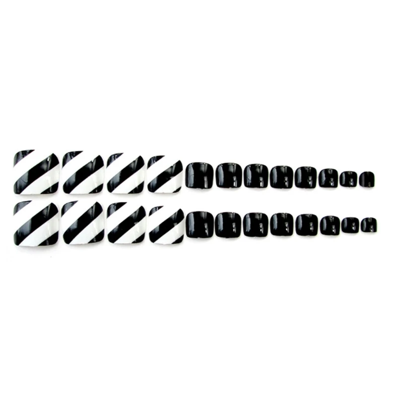 

24Pcs Foot False Nail Tips Black Fake Toes Nails Stripe Toe Art Tool Summer Gift
