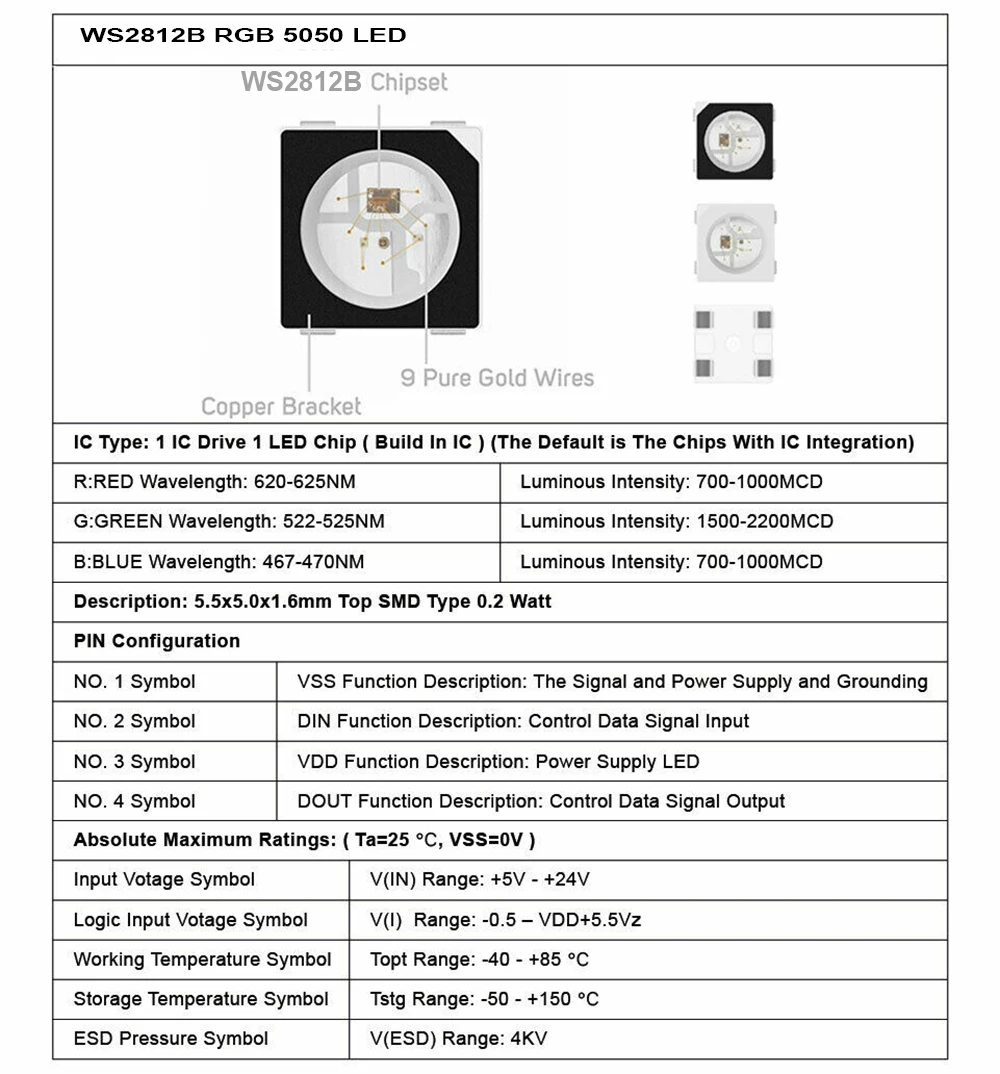 10~ 1000 шт WS2812B(4 контакта) 5050 SMD черный/белый версия WS2812B SK6812 индивидуально Адресуемая цифровая RGB RGBW светодиодный чип DC5V