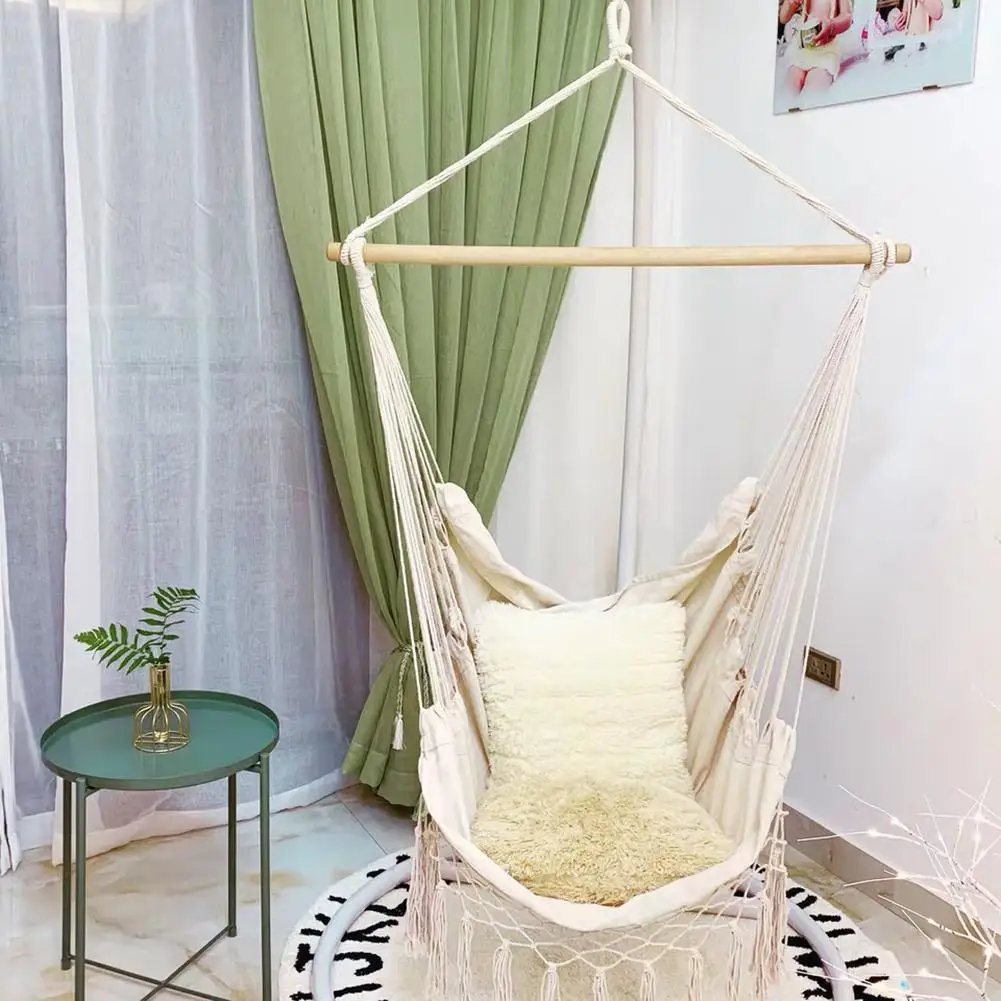 

Tassels Hammock Garden Patio White Cotton Portable Swing Chair Hanging Bed Indoor Outdoor Comfortable Feeling Summer Acce