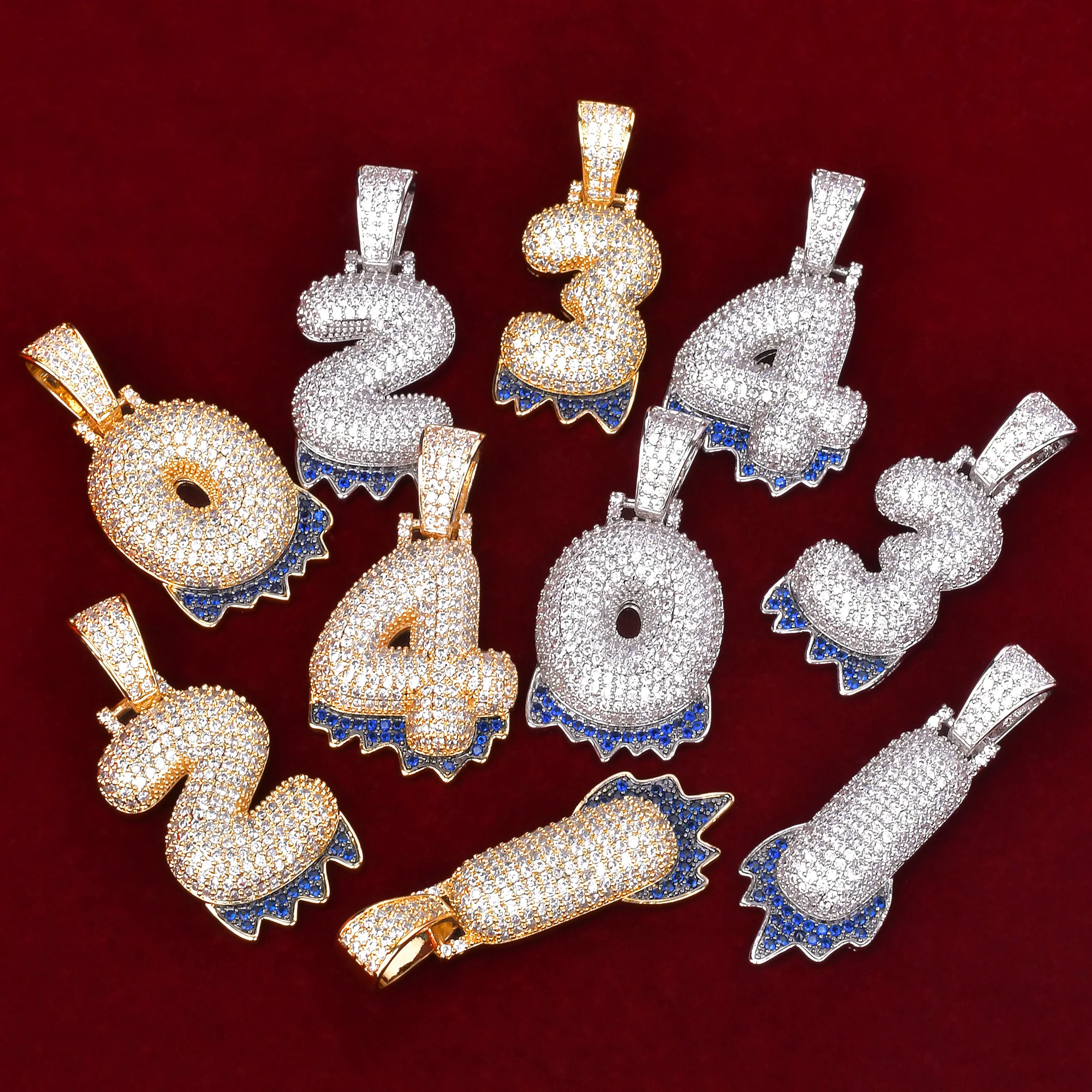 

Blue Color Initials Pendant Drip Bubble Letters Necklaces For Men Cubic Zircon Hip Hop Rock Jewelry