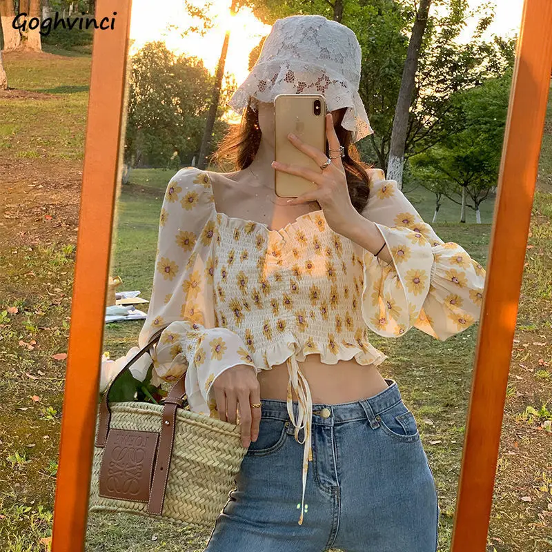 

Shirts Women Floral Printed Long Sleeve Slim Pleated V-Neck Sexy Lady Chic Womens Elegant Crop Top Daily Female Blouses Chiffon