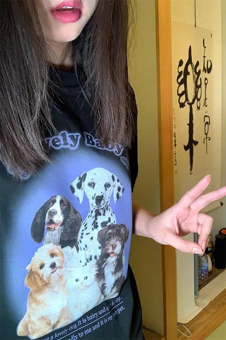 

Women 2020 Cartoon Cute pet Cat and dog Summer Print Goth Lady T-shirts Top T Shirt Ladies Womens Graphic Female Tee T-Shirt y2k