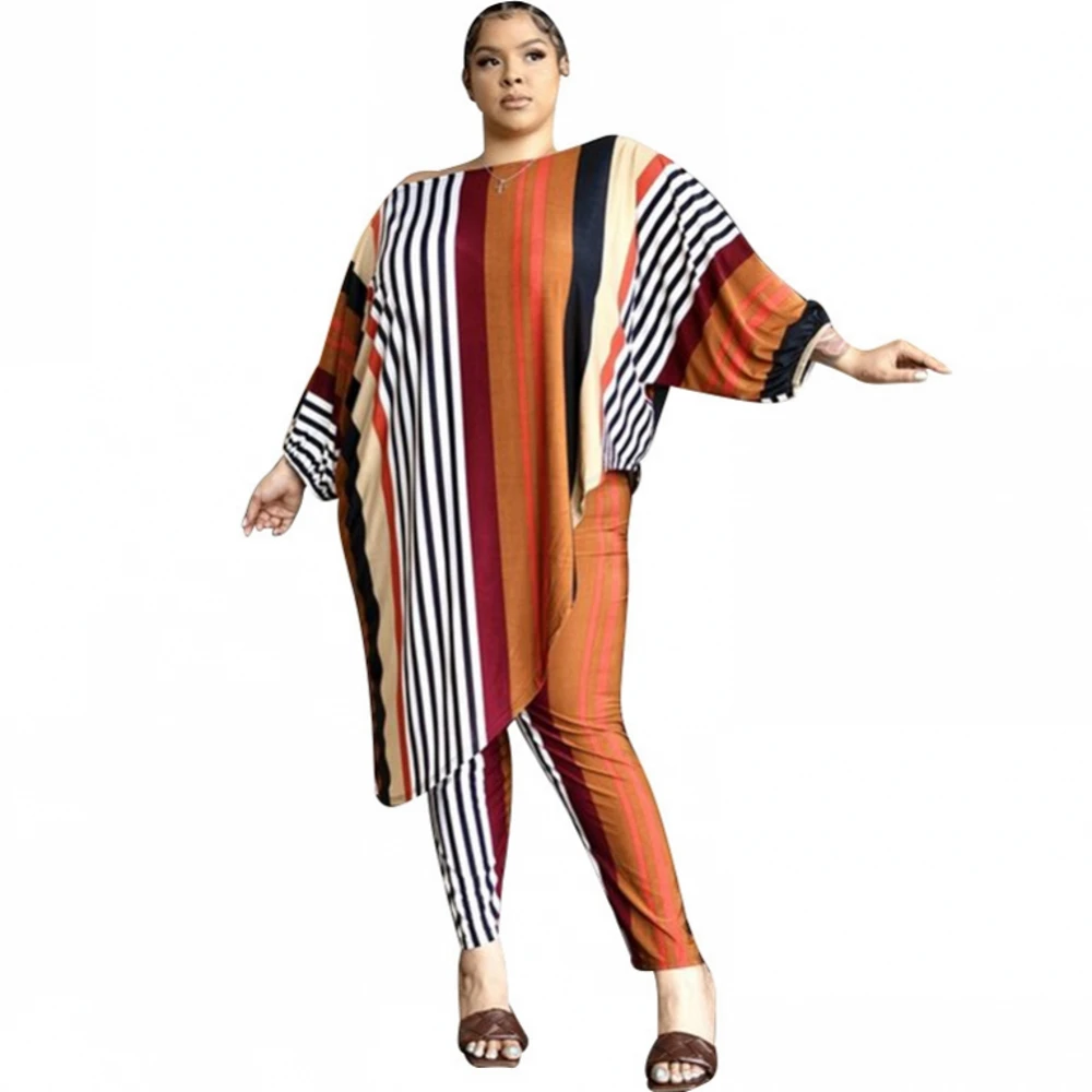 

4XL 3XL Plus Size 2 Pieces Set Sexy Autumn Fashion Women Set Female Tops Stripe Print Long Sleeve Cardigan Bodycon Stripe Pants