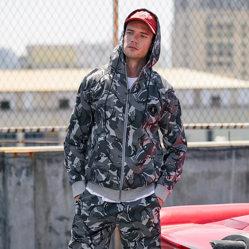 

2021 Autumn New Sets Sweatshirts Camo+Pants 2 Piece Men's Sportswear Hooded Sporting Suit Camouflage Zipper Men Casual Tracksuit