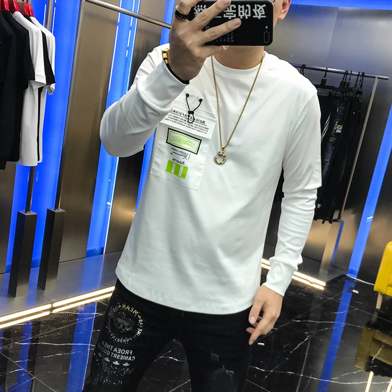 

Fall 2020 new versatile long sleeve T-shirt loose European pocket letter print Pullover simple top bottoming shirt for men