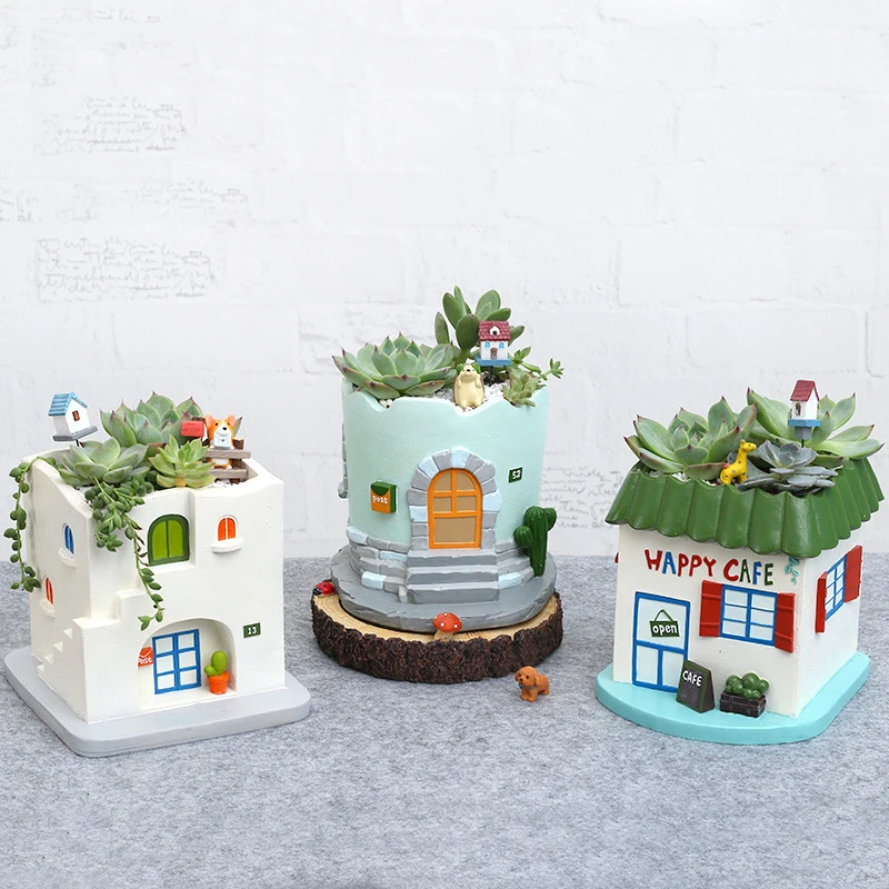 

Creative Succulent Flower Pot Resin Craft Home Decoration Ornaments Pastoral Micro Landscape House FlowerPot Garden Potted Plant