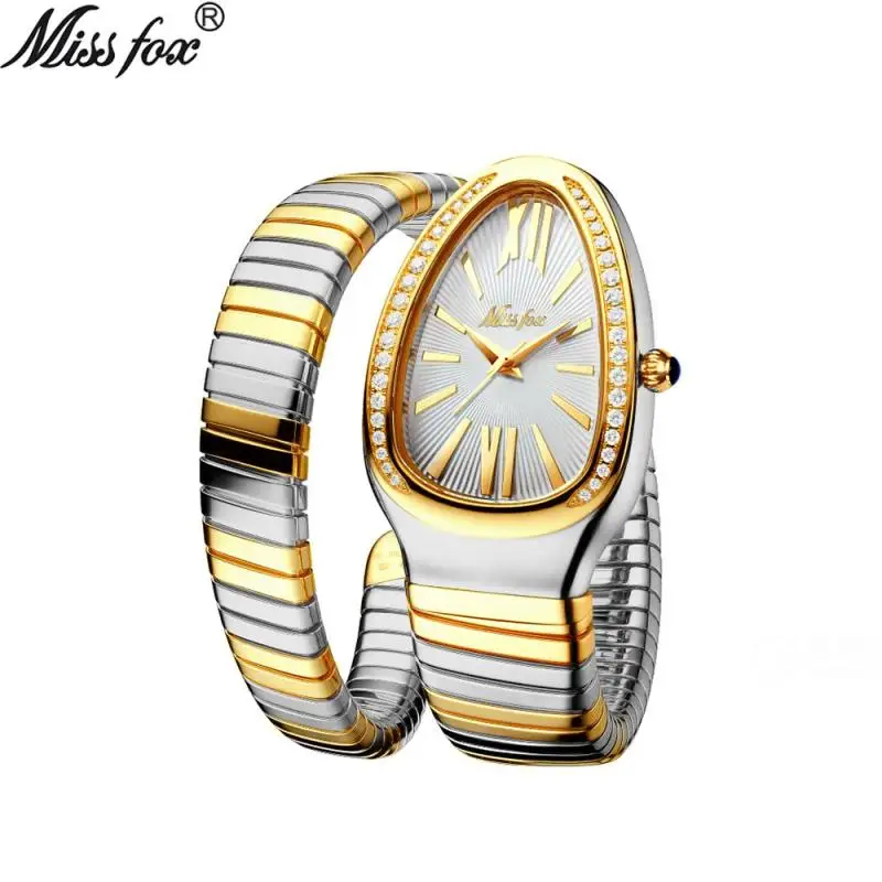 

Missfox Watch Ladies Fashion Personality Snake Head Bracelet Stainless Steel Diamond Snake Watch Female Waterproof