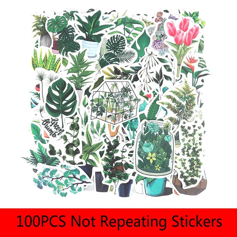 100PCS Green Plants Stickers Bike Guitar Laptop Waterproof PVC Sticker Decals
