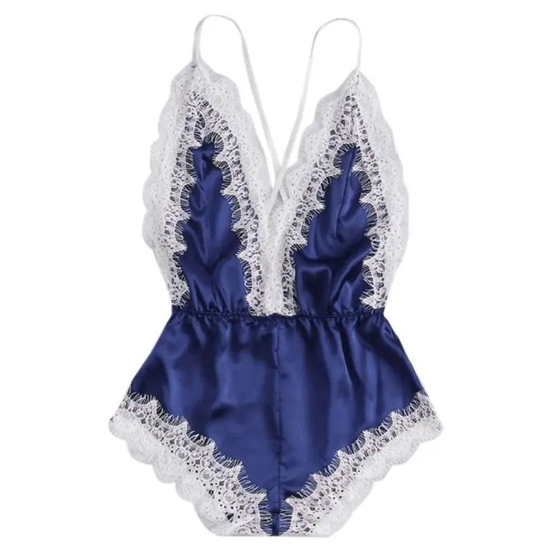 

Womens Sexy Faux Silk Plunging V-Neck Lingerie Bodysuit Eyelash Lace Patchwork Backless Cross Bandage Sleepwear Rompers 5 Colors