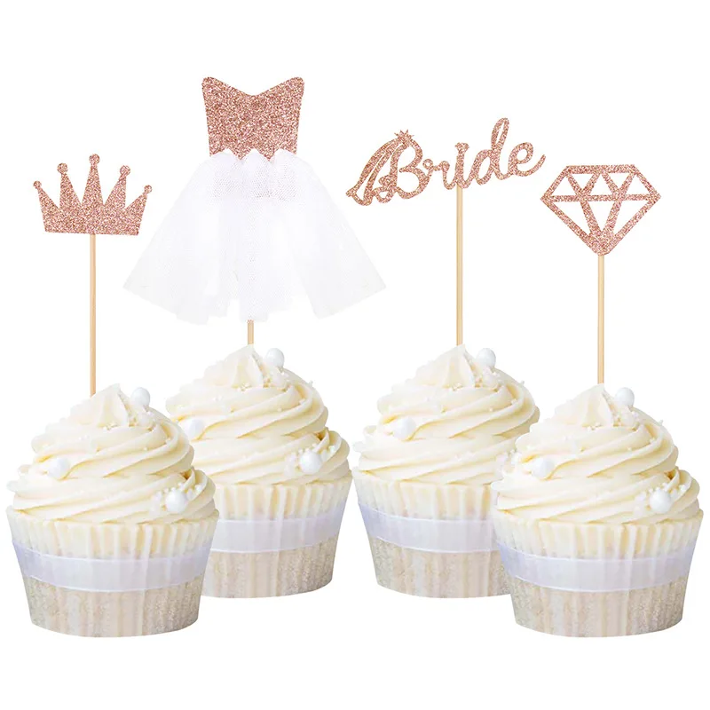 

50pcs/set Rose Gold Bride To Be Diamond Wedding Dress Cupcake Cake Toppers Bridal Shower Bachelorette Party Cake DIY Decor