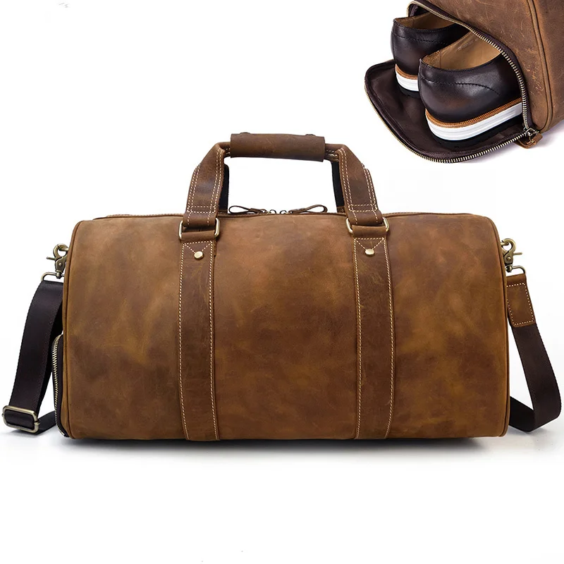 Crazy Horse Genuine Leather Travel Bag Men Vintage Travel Duffel bag big Cow Leather Carry On Luggage Weekend large shoulder Bag