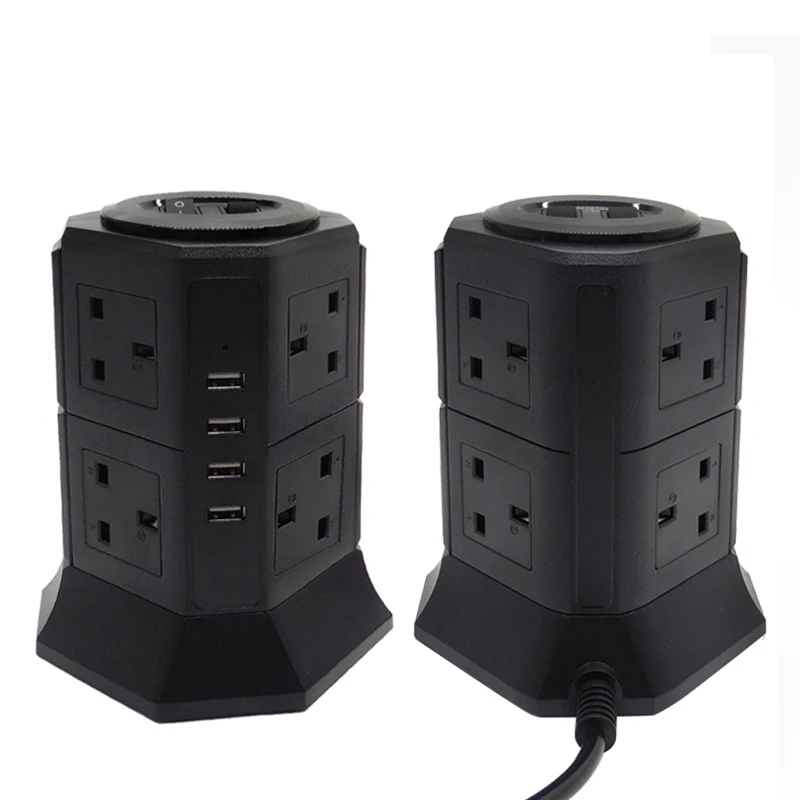

USB Power Strip Vertical 8/12 Ways UK Outlet Sockets Plug Charger Electric Socket Surge Protector 6.6ft/2m Extension Cord
