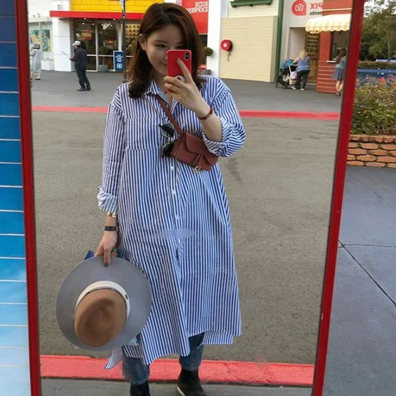 LANMREM spring trendy new over the knee long blue striped shirt style dress female loose large size casual clothes YJ222 | Женская