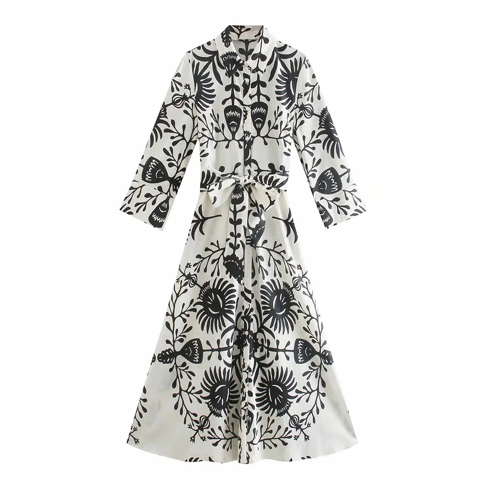 

DYLQFS 2021 Summer Women Beach Style Print Belt V Neck Slim Midi Dress Female Single Breasted Long Sleeve Ladies Vintage Dress