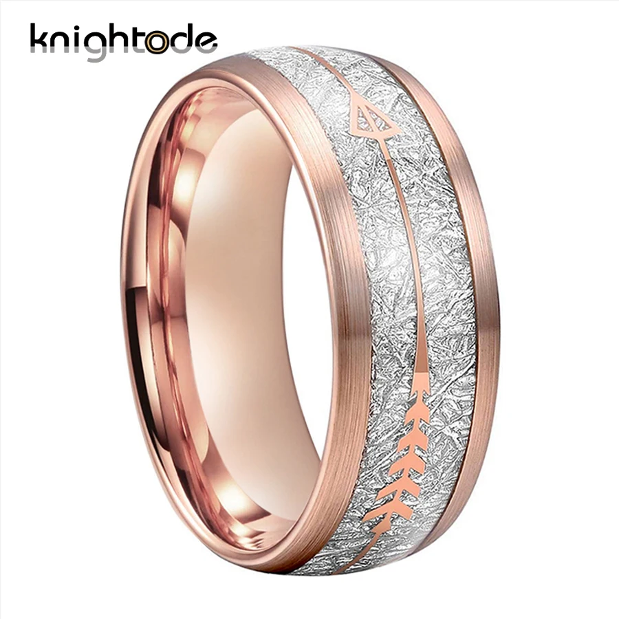 

8mm Ring Meteorite Arrow Inlay Rose Gold Tungsten Carbide Ring Wedding Band for Men Women Engagement nt Ring Dome Brushed Finish
