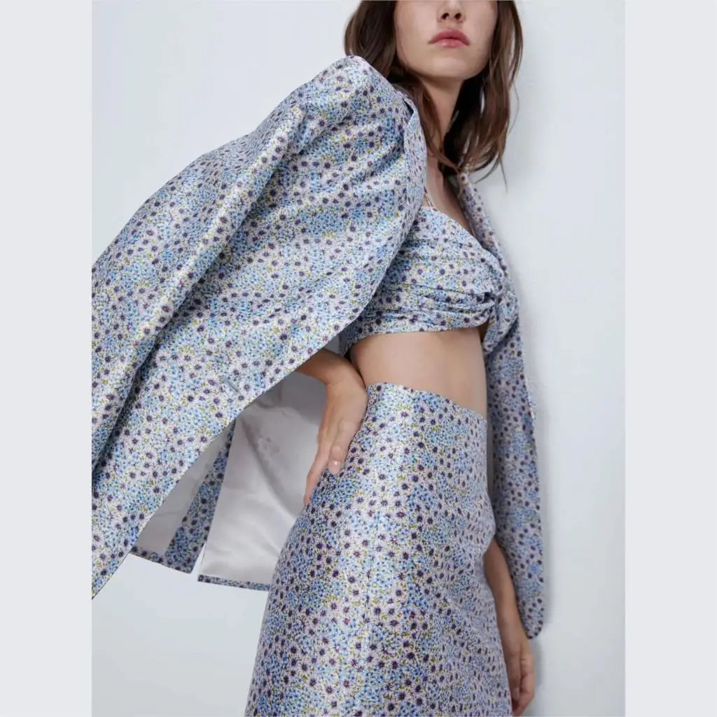 ZA новые костюмы женский комплект из трех предметов блейзер с цветочным принтом и