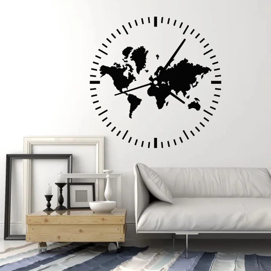 

Clock Wall Decal Travel Tourism Abstract World Map Vinyl Window Stickers Living Room Bedroom Home Decor Art Creative Mural M615