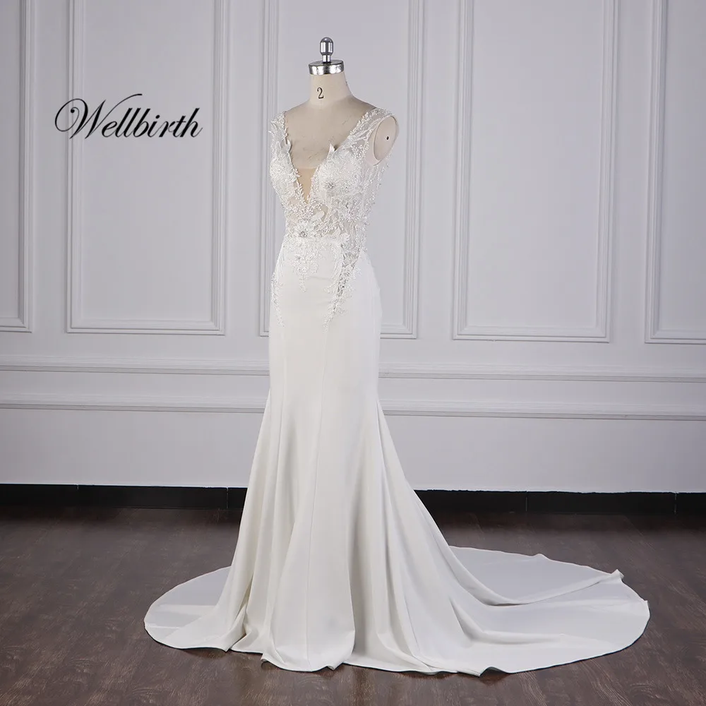 100% реальное изображение Wellbirth Vestido de novia v образный вырез zippber сзади Русалка