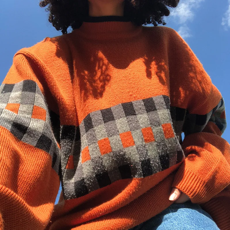 

Loose Casual Plaid Pullover Round Neck Long-sleeved Sweater 2021 Autumn Woolen Casual New Women's Vintage Knitted Streetwear