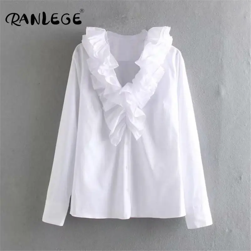 Однотонная элегантная офисная блузка RANLEGE с оборками на воротнике женские