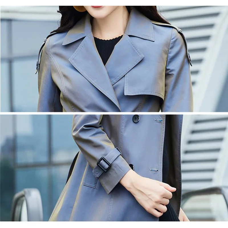 

2021 Spring Autumn Women Raincoat With Belt Fashion Lapel Collar Double Breasted Long Trench Coat Female Outerwear Windbreaker