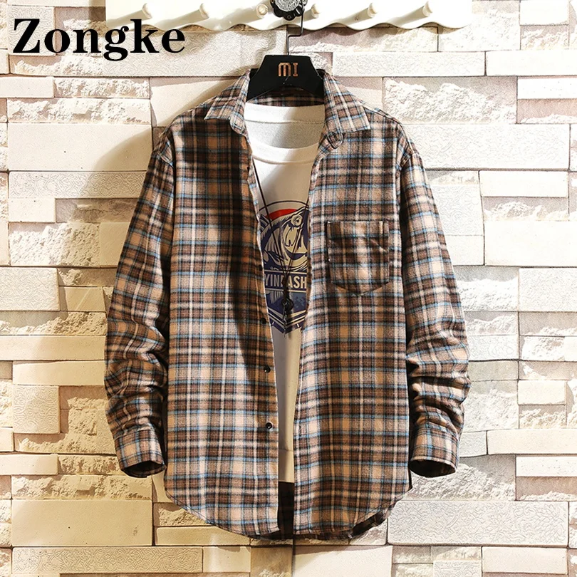 

Zongke Plaid Man Shirt Long Sleeve Streetwear Vintage Clothes Size 3XL 2022 Spring New Arrivals