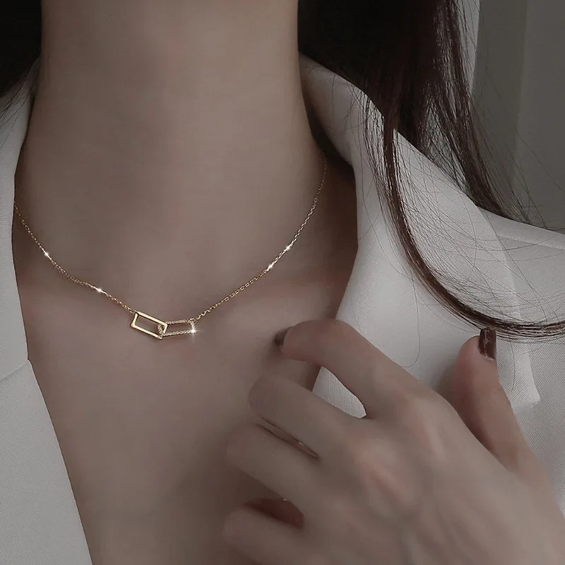 

Shiny Double Rectangular Pendant Necklace Inlaid Cubic Zirconia Choker Exquisite Square Necklaces For Girl Gift Jewelry