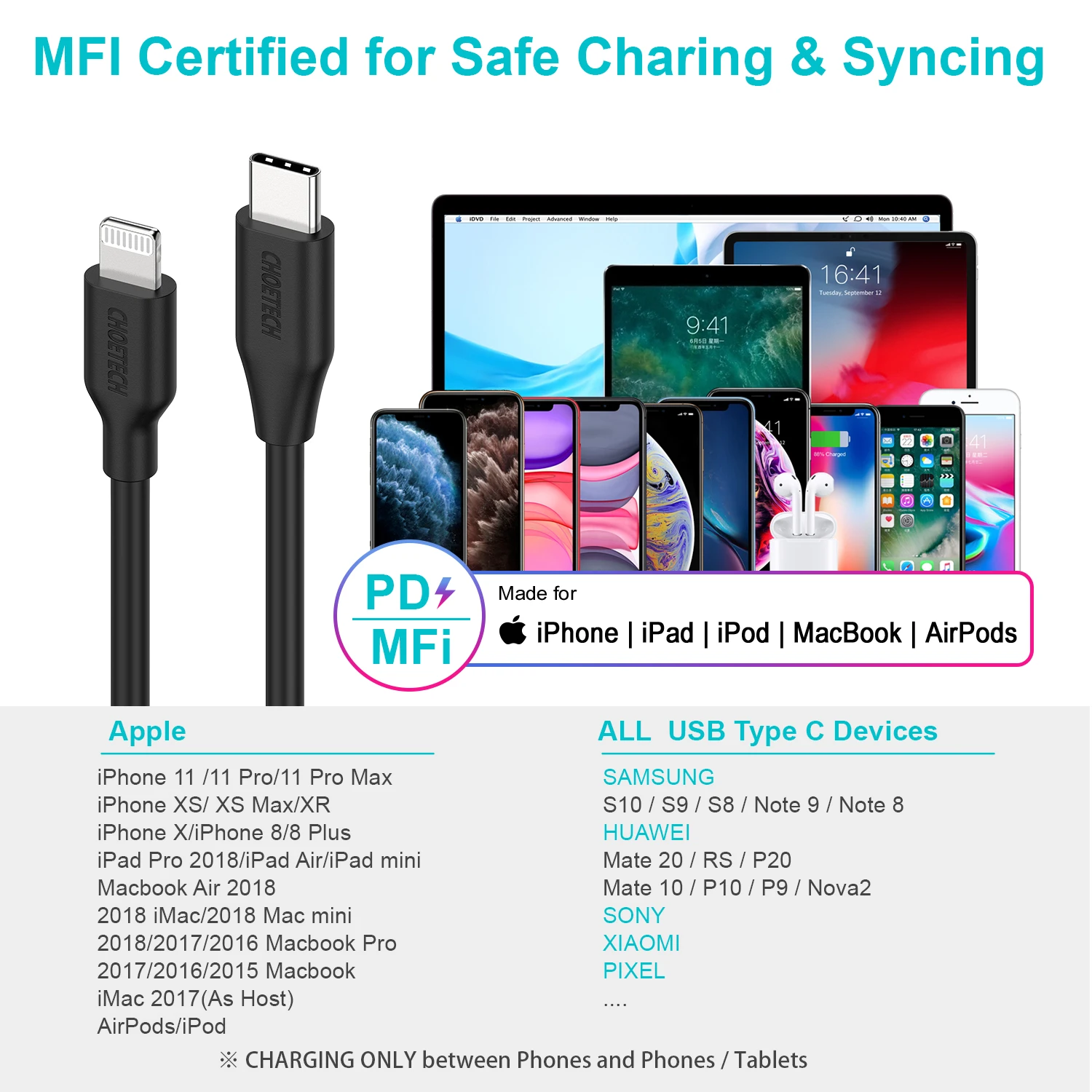 CHOETECH MFi USB C PD кабель USB 2 м C-Lightning Кабель для быстрой зарядки и синхронизации данных шнур совместим с iPhone X/XS/XR/XS MAX/8/8 Plus iPad