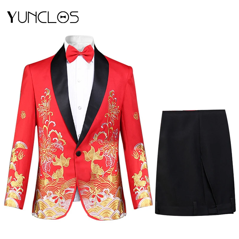 YUNCLOS Men 3 Pieces Suits One Single Button Wedding And Party Embroidered Dress (jacket + pant+ bow tie) Two Pockets | Мужская одежда