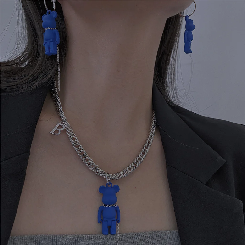 

2021 Punk Style Sweet Cool Thick Chain With Paint Layer Bear Necklace Earrings Suit trend Klein Blue Korean Retro Jewelry Female