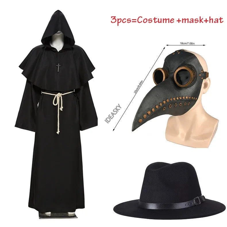 Средневековый Халат с капюшоном для Хэллоуина костюм Доктора чумы маска шапка