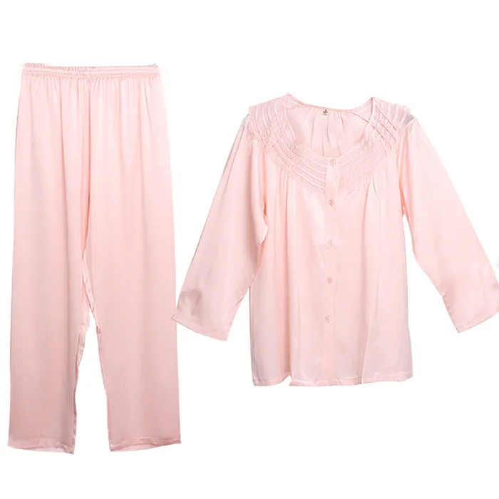 

100% Silk Pajamas Women's 2PCS Sleepwear Suit Silky Lace Patchwork Perspective Pijamas Nightgown Female Sexy Loose Home Clothes