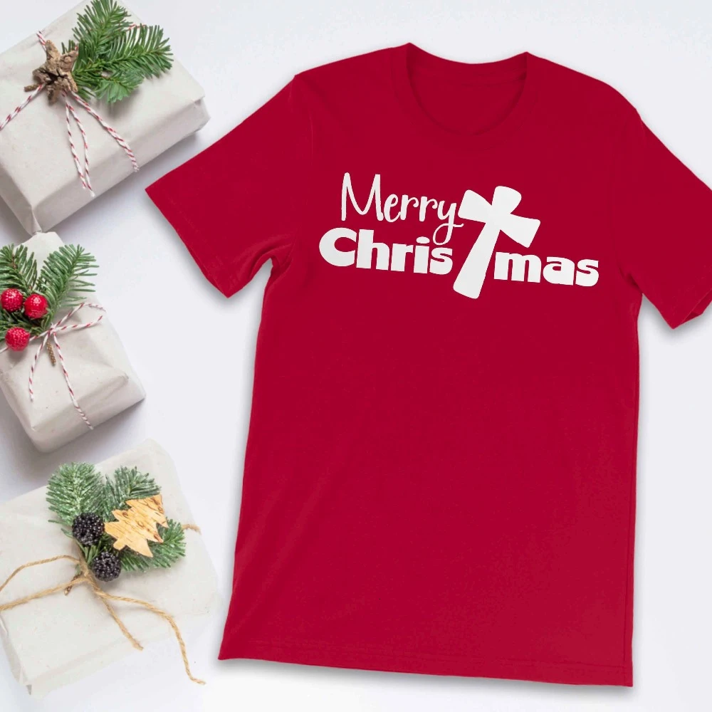 

Merry Christmas cross t-shirt street style women fashion unisex Christian holiday party shirt graphic cotton tees top- K774