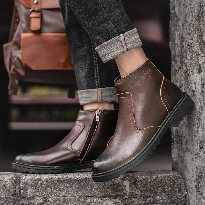 

Spring Autumn Men Boots Ankle Casual Leather Business Shoes Handmade Chelsea Fashion Shoes Side Zipper Outdoor Motorcycle Boots