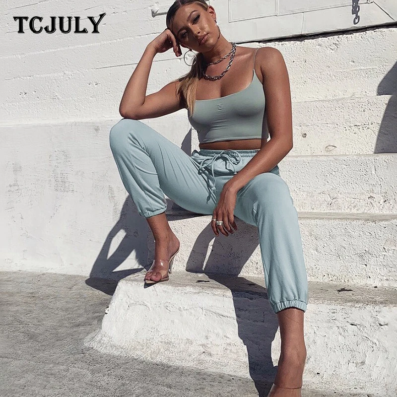 TCJULY новый дизайн модные однотонные спортивные штаны для женщин высокая талия