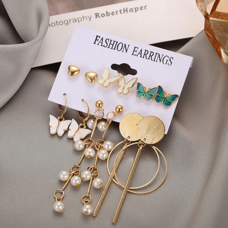 

Women Jewelry Vintage Circle Tassel Creative Butterfly Pearl Earrings Set Birthday Gift