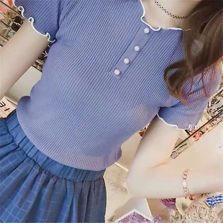 

Female Knit T-shirt Short Sleeves Korean Style Elegant One Size Tight Shirts Slim With Pearl Solid Sweet B64