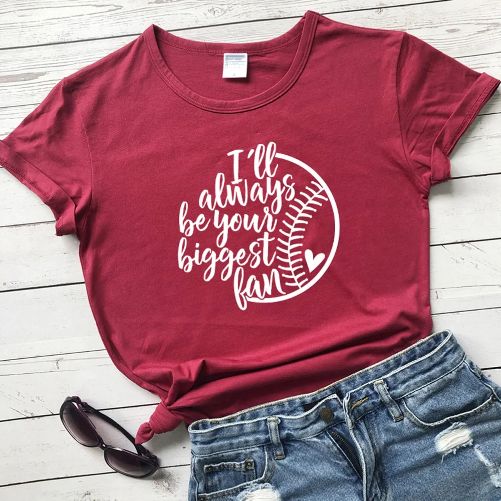 burgundy-white text Футболка с принтом Бейсбольного мяча «I'll Always Be Your Big Fan», забавные летние футболки с рисунком Tumblr, подарок на день игры для мамы и фаната - Цвет: burgundy-white text