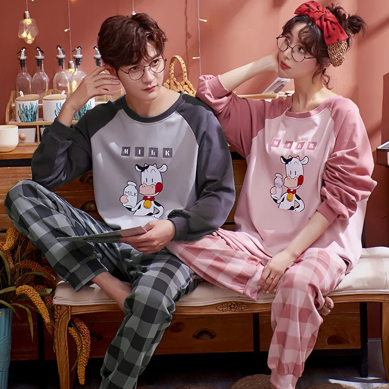

New Lovers pajamas Women's Long sleeve trousers Nightgown round neck Sleepwear cotton Sleepshirts couples Casual home clothing