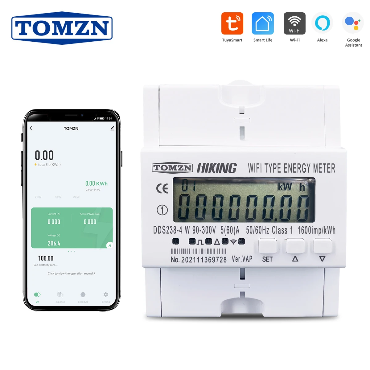 Temporizador Esperto do Interruptor da Monitoração do Kwh do Medidor de Energia de Wifi da Fase Monofásica de 60a 90300v Tuya com Proteção Rs485 da Corrente da Tensão Disjuntores
