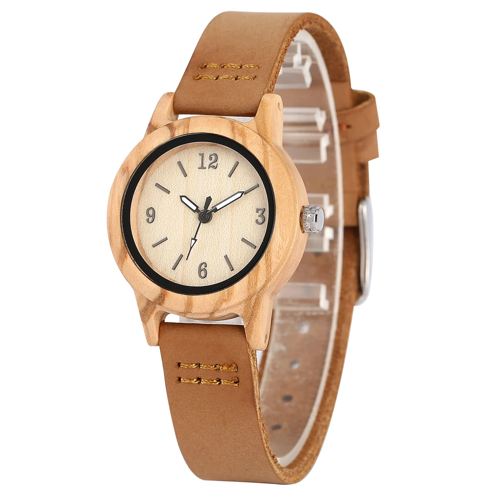 Классические деревянные часы для женщин Коричневый чехол из натуральной кожи