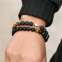 new classic hematite cross bracelets sets 8mm lava tiger eye stone beads couple bracelet sets hand jewelry for birthday gift