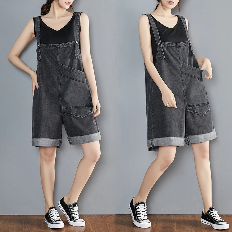 #1526 Black Denim Cotton Overalls Women Loose Big Size Sleeveless Denim Playsuits And Jumpsuits Summer Playsuits Ladies Pockets