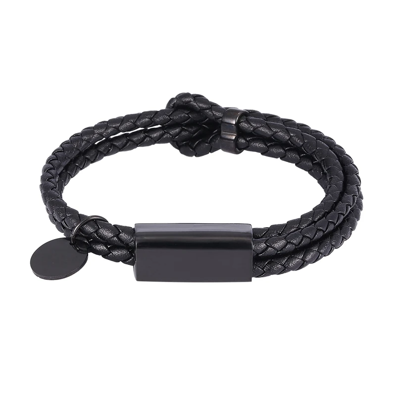 

Length Adjustable Trendy Black Genuine Leather Braided Bracelet Bangle for Men Women Stainless Steel Lovers Jewelry Gift PS1065