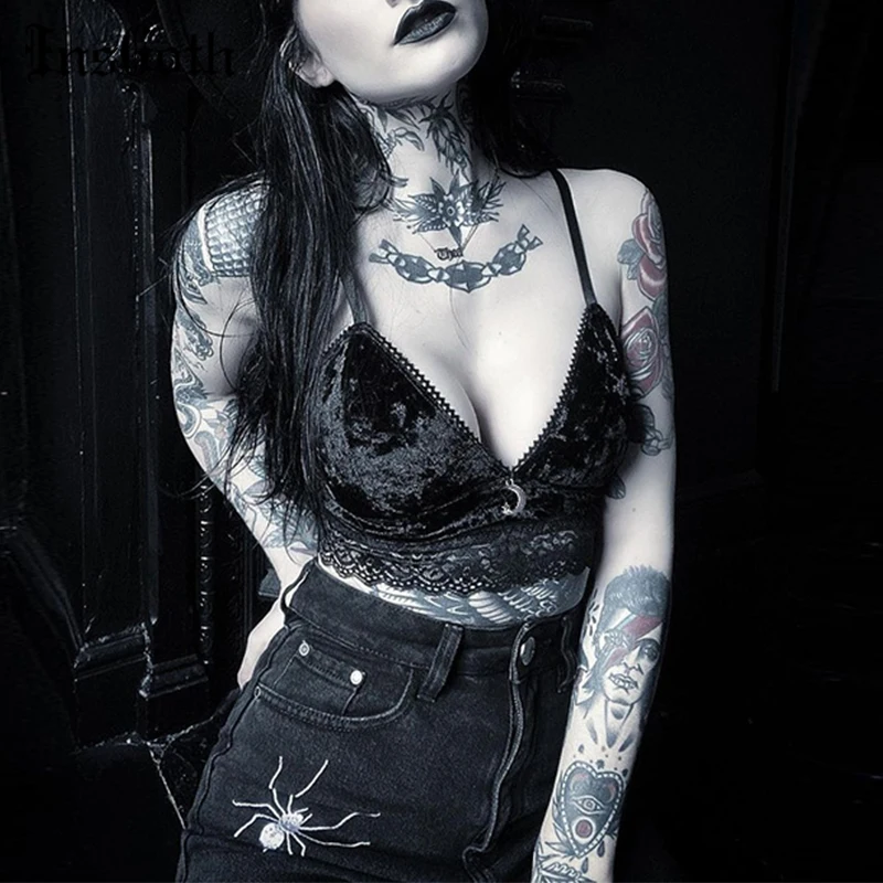 

InsGoth Goth Sexy V Neck Black Camis Gothic Half Moon Pendant Lace Trim Camisole Vintage Velvet Backless Women Summer Baby Tops